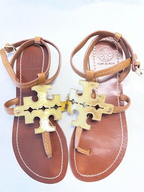 Tory Burch Brown Leather Sandals with Gold Logo Accents